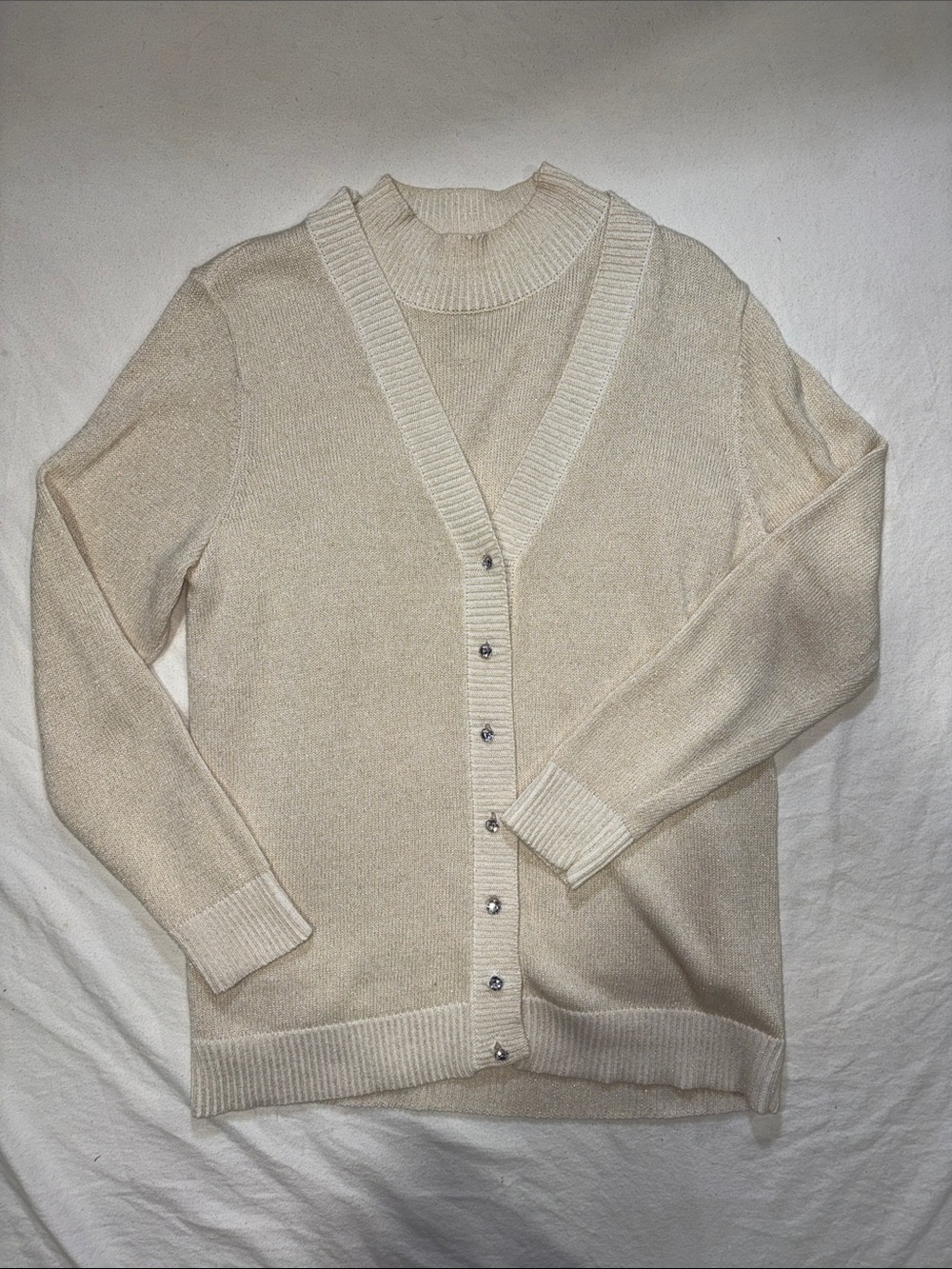 Quacker Factory Cream Shimmer Knit Cardigan & Mock Neck Tank Set - Size M